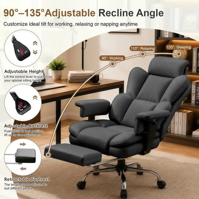 Alt view image 6 of 7 - Big and Tall Office Chair, Heavy Duty Executive Office Desk Chair Adjustable Armrests and Footrest, PU Leather Computer Chair for Work Office Home