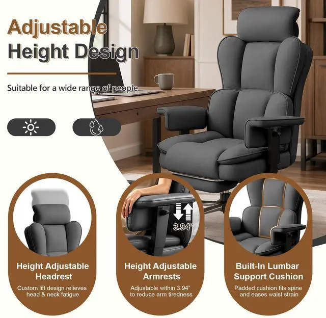 Alt view image 4 of 7 - Big and Tall Office Chair, Heavy Duty Executive Office Desk Chair Adjustable Armrests and Footrest, PU Leather Computer Chair for Work Office Home