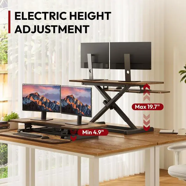 Alt view image 3 of 7 - Standing Desk Converter with Electric Motor 40" Height Adjustable Riser for Office Home,Dual Monitor and Laptop Workstation with Large Keyboard Tray, Rustic Color