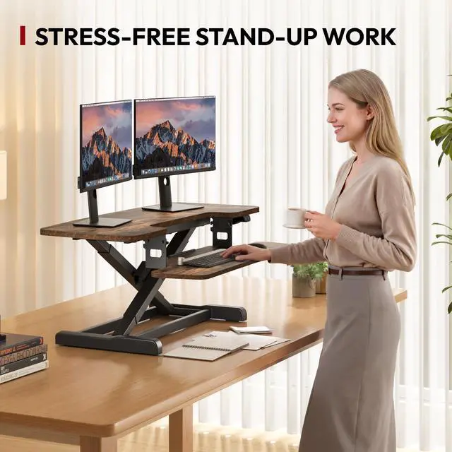 Alt view image 4 of 7 - Standing Desk Converter with Electric Motor 40" Height Adjustable Riser for Office Home,Dual Monitor and Laptop Workstation with Large Keyboard Tray, Rustic Color