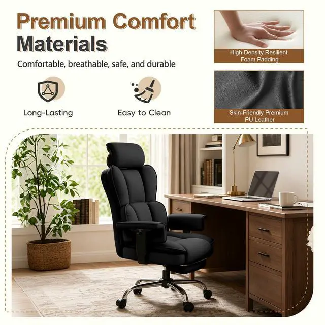Alt view image 5 of 7 - Big and Tall Office Chair, Heavy Duty Executive Office Desk Chair Adjustable Armrests and Footrest, PU Leather Computer Chair for Work Office Home