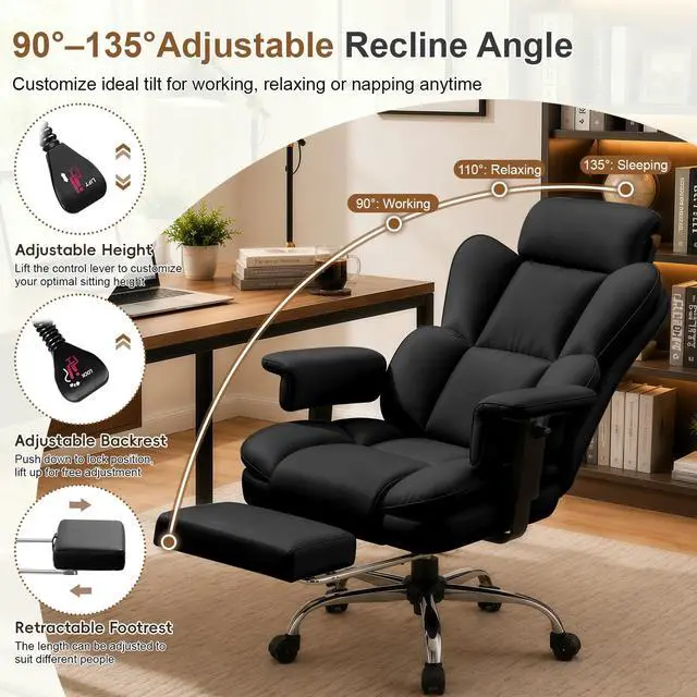 Alt view image 6 of 7 - Big and Tall Office Chair, Heavy Duty Executive Office Desk Chair Adjustable Armrests and Footrest, PU Leather Computer Chair for Work Office Home