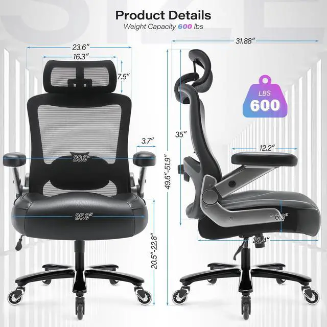 Alt view image 3 of 7 - 600lbs Big and Tall Office Chair, Heavy Duty Executive Computer Desk Chair | 3D Flip Arms, Large Wheels, Ergonomic Design, Extra Wide Seat, Adjustable Lumbar Support&Headrest, Mesh High Back Chair