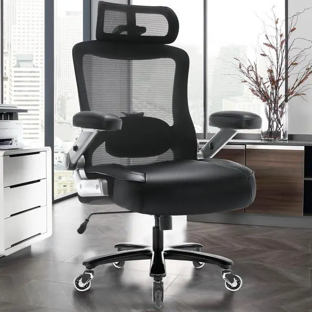 Alt view image 2 of 7 - 600lbs Big and Tall Office Chair, Heavy Duty Executive Computer Desk Chair | 3D Flip Arms, Large Wheels, Ergonomic Design, Extra Wide Seat, Adjustable Lumbar Support&Headrest, Mesh High Back Chair