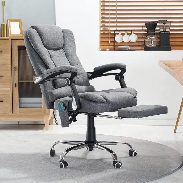Alt view image 2 of 7 - Massage Office Chair w/Heat Function&Footrest | 7 Points Massage Office Chair Ergonomic Office Chair Linen Executive Home Desk Chair, High Back, Grey