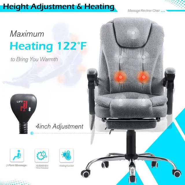 Alt view image 4 of 7 - Massage Office Chair w/Heat Function&Footrest | 7 Points Massage Office Chair Ergonomic Office Chair Linen Executive Home Desk Chair, High Back, Grey