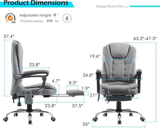 Alt view image 3 of 7 - Massage Office Chair w/Heat Function&Footrest | 7 Points Massage Office Chair Ergonomic Office Chair Linen Executive Home Desk Chair, High Back, Grey