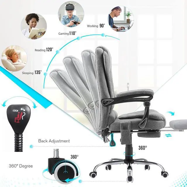 Alt view image 6 of 7 - Massage Office Chair w/Heat Function&Footrest | 7 Points Massage Office Chair Ergonomic Office Chair Linen Executive Home Desk Chair, High Back, Grey