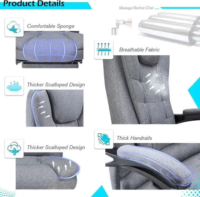 Alt view image 7 of 7 - Massage Office Chair w/Heat Function&Footrest | 7 Points Massage Office Chair Ergonomic Office Chair Linen Executive Home Desk Chair, High Back, Grey