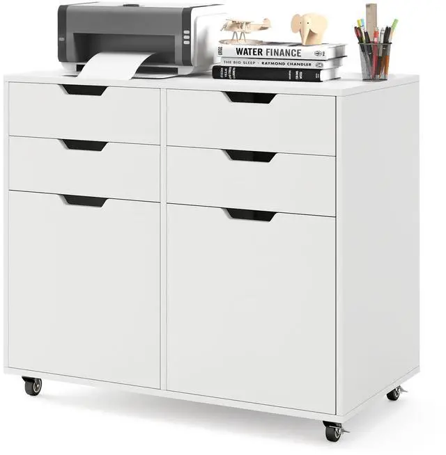 Main image of White File Cabinet with 4 Drawers and 2 Doors | Under Desk Mobile Storage Organizer, Wooden Printer Stand on Wheels, 29" Lateral Filing Cabinet for Home Office Living Room