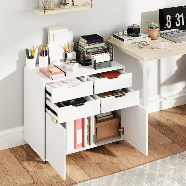 Alt view image 2 of 7 - White File Cabinet with 4 Drawers and 2 Doors | Under Desk Mobile Storage Organizer, Wooden Printer Stand on Wheels, 29" Lateral Filing Cabinet for Home Office Living Room