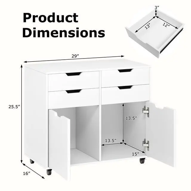 Alt view image 3 of 7 - White File Cabinet with 4 Drawers and 2 Doors | Under Desk Mobile Storage Organizer, Wooden Printer Stand on Wheels, 29" Lateral Filing Cabinet for Home Office Living Room