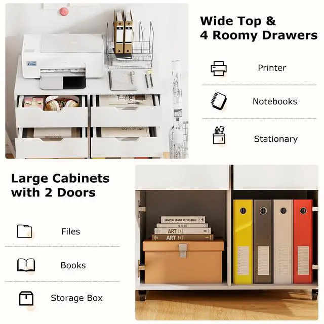 Alt view image 4 of 7 - White File Cabinet with 4 Drawers and 2 Doors | Under Desk Mobile Storage Organizer, Wooden Printer Stand on Wheels, 29" Lateral Filing Cabinet for Home Office Living Room
