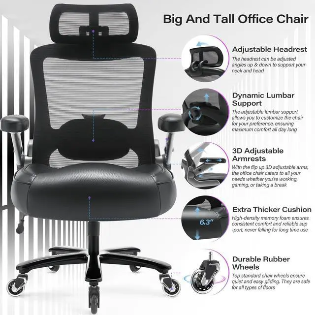 Alt view image 4 of 7 - 600lbs Big and Tall Office Chair, Heavy Duty Executive Computer Desk Chair | 3D Flip Arms, Large Wheels, Ergonomic Design, Extra Wide Seat, Adjustable Lumbar Support&Headrest, Mesh High Back Chair