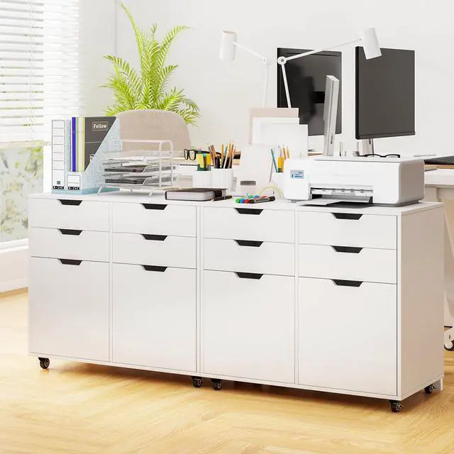 Alt view image 6 of 7 - White File Cabinet with 4 Drawers and 2 Doors | Under Desk Mobile Storage Organizer, Wooden Printer Stand on Wheels, 29" Lateral Filing Cabinet for Home Office Living Room