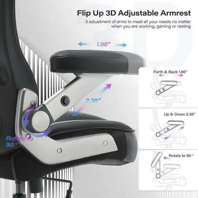 Alt view image 5 of 7 - 600lbs Big and Tall Office Chair, Heavy Duty Executive Computer Desk Chair | 3D Flip Arms, Large Wheels, Ergonomic Design, Extra Wide Seat, Adjustable Lumbar Support&Headrest, Mesh High Back Chair