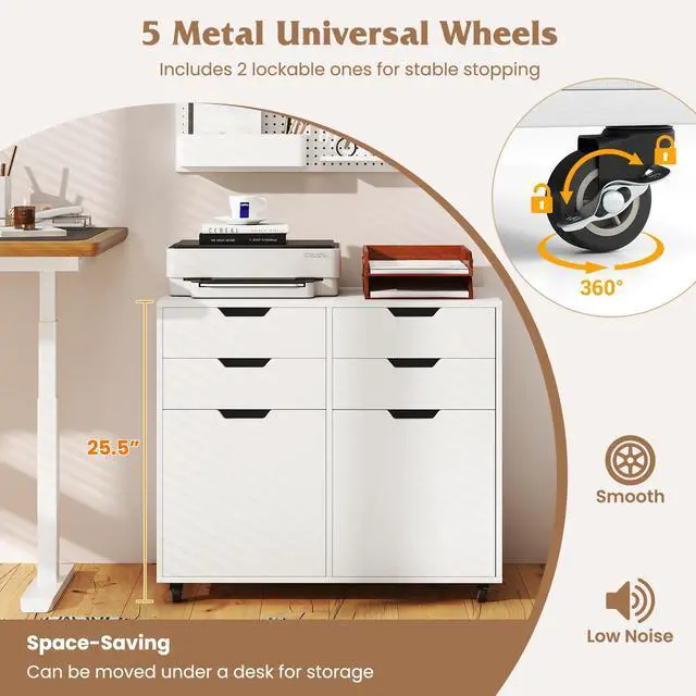 Alt view image 5 of 7 - White File Cabinet with 4 Drawers and 2 Doors | Under Desk Mobile Storage Organizer, Wooden Printer Stand on Wheels, 29" Lateral Filing Cabinet for Home Office Living Room