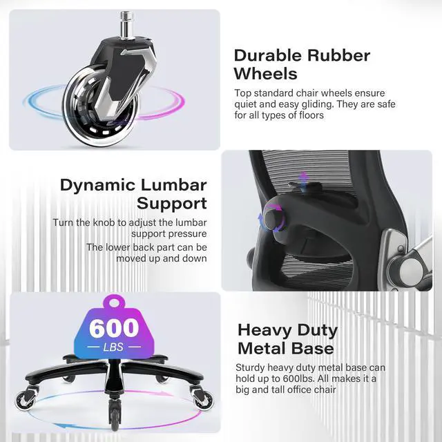 Alt view image 6 of 7 - 600lbs Big and Tall Office Chair, Heavy Duty Executive Computer Desk Chair | 3D Flip Arms, Large Wheels, Ergonomic Design, Extra Wide Seat, Adjustable Lumbar Support&Headrest, Mesh High Back Chair