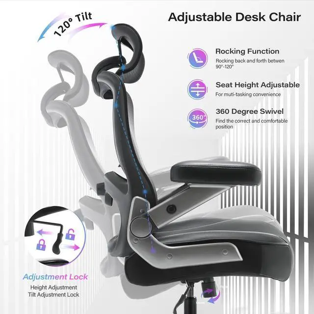 Alt view image 7 of 7 - 600lbs Big and Tall Office Chair, Heavy Duty Executive Computer Desk Chair | 3D Flip Arms, Large Wheels, Ergonomic Design, Extra Wide Seat, Adjustable Lumbar Support&Headrest, Mesh High Back Chair