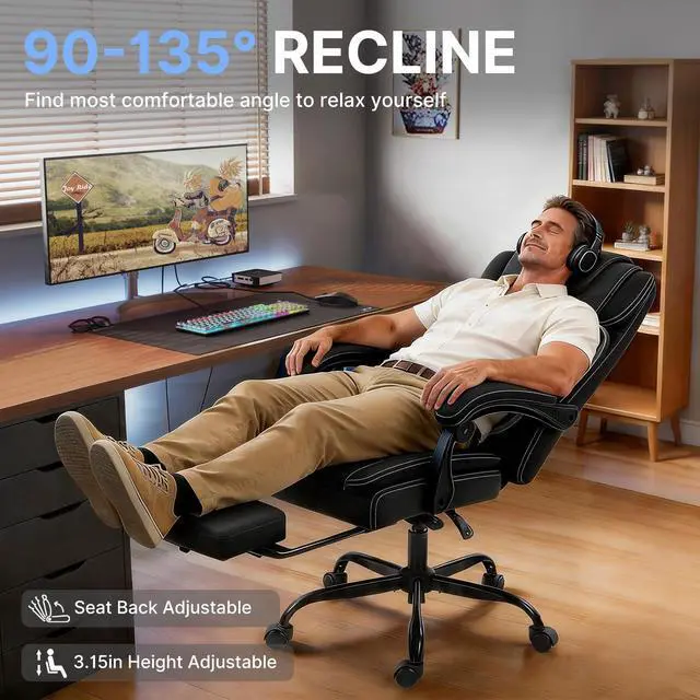 Alt view image 3 of 7 - Massage Office Chair with Heat Reclining High Back Desk Chair | Fabric massage office chair with lumbar heat, 8 vibration points, ergonomic support, footrest, and 90°-135°recline