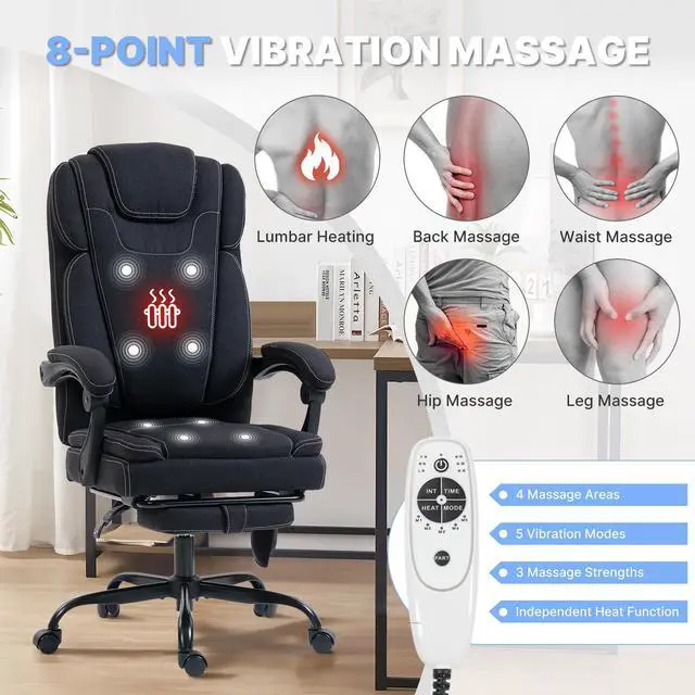 Alt view image 4 of 7 - Massage Office Chair with Heat Reclining High Back Desk Chair | Fabric massage office chair with lumbar heat, 8 vibration points, ergonomic support, footrest, and 90°-135°recline