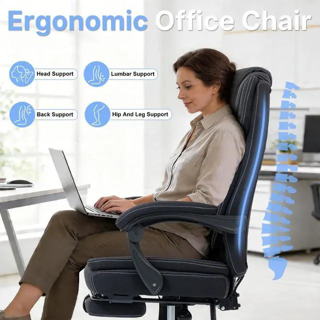 Alt view image 5 of 7 - Massage Office Chair with Heat Reclining High Back Desk Chair | Fabric massage office chair with lumbar heat, 8 vibration points, ergonomic support, footrest, and 90°-135°recline