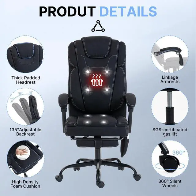 Alt view image 6 of 7 - Massage Office Chair with Heat Reclining High Back Desk Chair | Fabric massage office chair with lumbar heat, 8 vibration points, ergonomic support, footrest, and 90°-135°recline