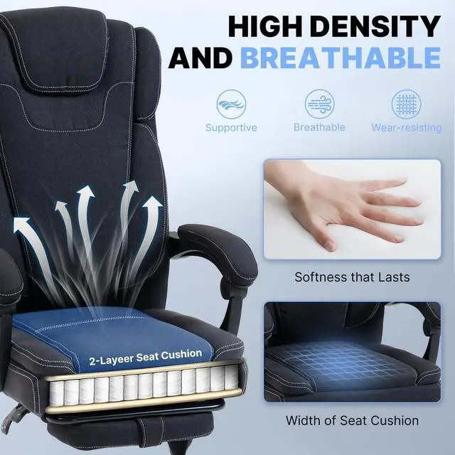 Alt view image 7 of 7 - Massage Office Chair with Heat Reclining High Back Desk Chair | Fabric massage office chair with lumbar heat, 8 vibration points, ergonomic support, footrest, and 90°-135°recline