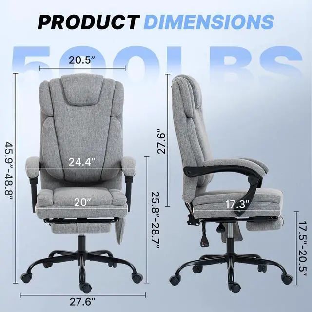 Alt view image 2 of 7 - Massage Office Chair with Heat Reclining High Back Desk Chair | Fabric massage office chair with lumbar heat, 8 vibration points, ergonomic support, footrest, and 90°-135°recline
