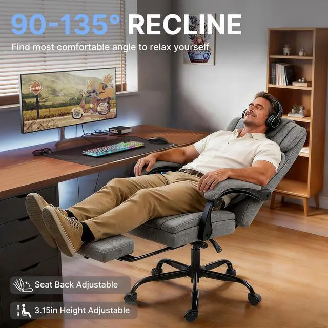Alt view image 3 of 7 - Massage Office Chair with Heat Reclining High Back Desk Chair | Fabric massage office chair with lumbar heat, 8 vibration points, ergonomic support, footrest, and 90°-135°recline