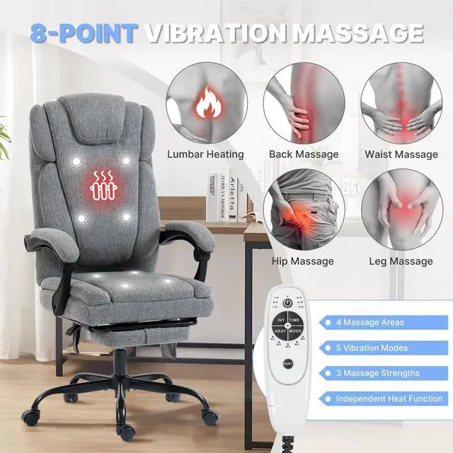 Alt view image 4 of 7 - Massage Office Chair with Heat Reclining High Back Desk Chair | Fabric massage office chair with lumbar heat, 8 vibration points, ergonomic support, footrest, and 90°-135°recline
