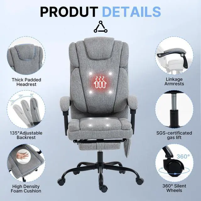Alt view image 6 of 7 - Massage Office Chair with Heat Reclining High Back Desk Chair | Fabric massage office chair with lumbar heat, 8 vibration points, ergonomic support, footrest, and 90°-135°recline