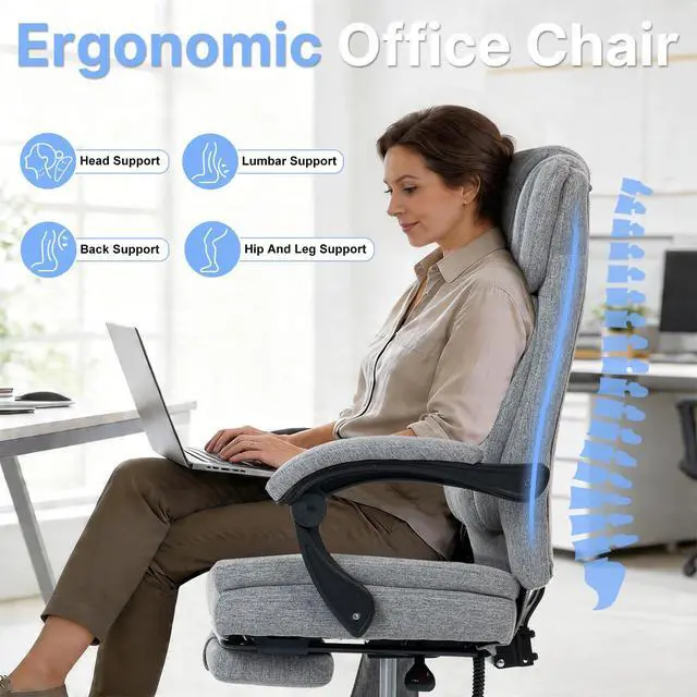 Alt view image 5 of 7 - Massage Office Chair with Heat Reclining High Back Desk Chair | Fabric massage office chair with lumbar heat, 8 vibration points, ergonomic support, footrest, and 90°-135°recline