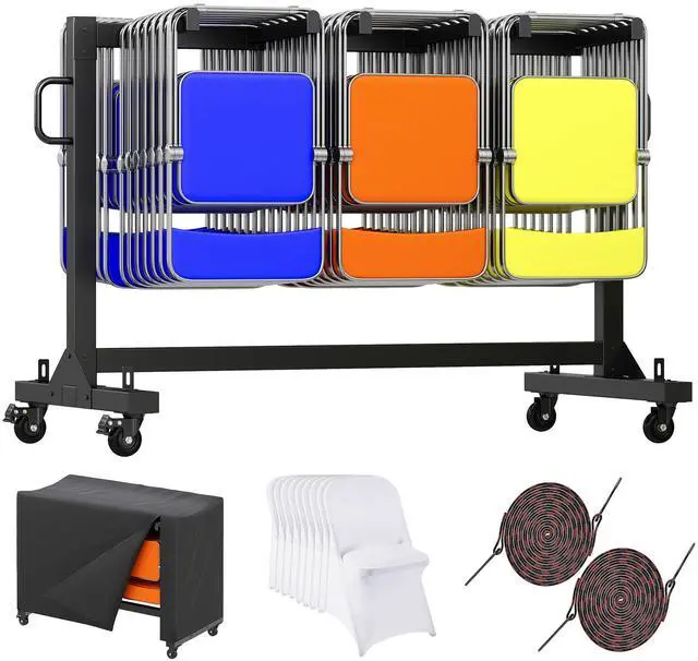 Main image of Folding Chair Rack for 12 Tables or 42 Chairs | Heavy-Duty Chair Cart with 550 LBS Capacity, 30 Chair Covers, Wheels, Elastic Cords and Cover, Glossy Black