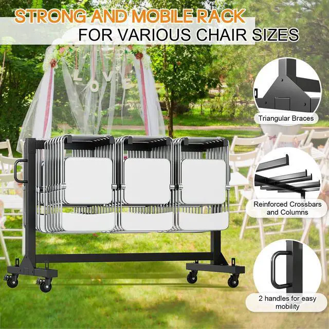 Alt view image 2 of 7 - Folding Chair Rack for 12 Tables or 42 Chairs | Heavy-Duty Chair Cart with 550 LBS Capacity, 30 Chair Covers, Wheels, Elastic Cords and Cover, Glossy Black