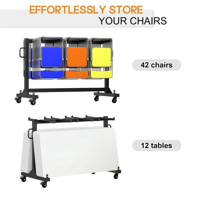 Alt view image 3 of 7 - Folding Chair Rack for 12 Tables or 42 Chairs | Heavy-Duty Chair Cart with 550 LBS Capacity, 30 Chair Covers, Wheels, Elastic Cords and Cover, Glossy Black