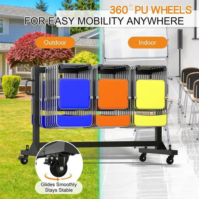 Alt view image 5 of 7 - Folding Chair Rack for 12 Tables or 42 Chairs | Heavy-Duty Chair Cart with 550 LBS Capacity, 30 Chair Covers, Wheels, Elastic Cords and Cover, Glossy Black