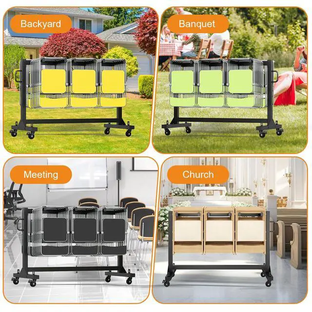 Alt view image 6 of 7 - Folding Chair Rack for 12 Tables or 42 Chairs | Heavy-Duty Chair Cart with 550 LBS Capacity, 30 Chair Covers, Wheels, Elastic Cords and Cover, Glossy Black