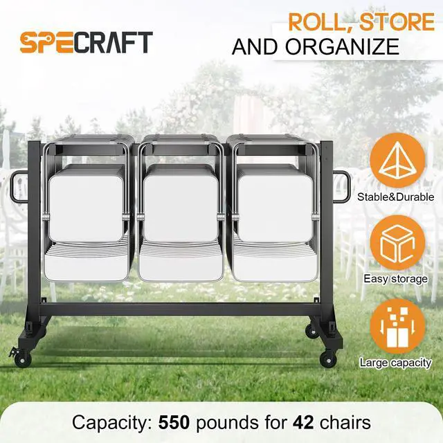 Alt view image 7 of 7 - Folding Chair Rack for 12 Tables or 42 Chairs | Heavy-Duty Chair Cart with 550 LBS Capacity, 30 Chair Covers, Wheels, Elastic Cords and Cover, Glossy Black