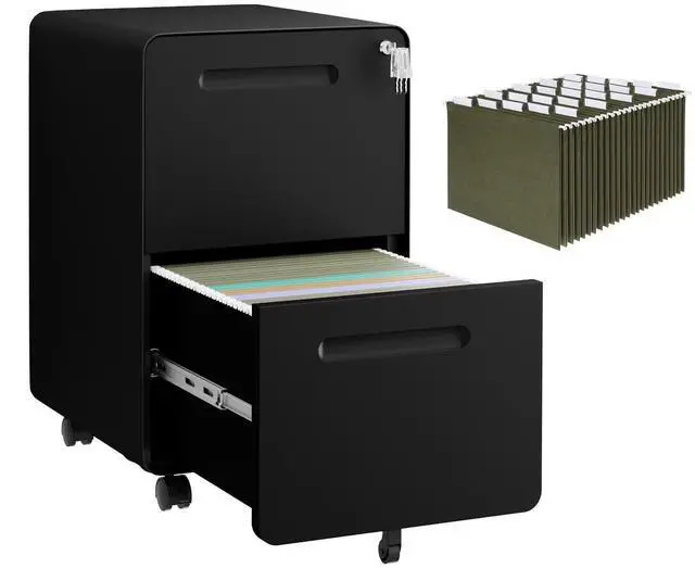 Main image of 2 Drawer Mobile File Cabinet with Lock, 4 Keys and 25 Letter File Folders | Heavy-Duty Steel Rolling Filing Cabinet Pre-Assembled Under Desk for Home Office Letters/Legal/A4 Hanging File Folders