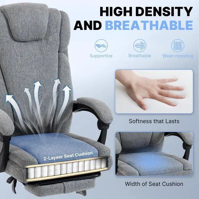 Alt view image 7 of 7 - Massage Office Chair with Heat Reclining High Back Desk Chair | Fabric massage office chair with lumbar heat, 8 vibration points, ergonomic support, footrest, and 90°-135°recline