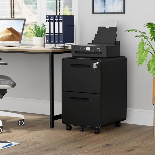 Alt view image 2 of 7 - 2 Drawer Mobile File Cabinet with Lock, 4 Keys and 25 Letter File Folders | Heavy-Duty Steel Rolling Filing Cabinet Pre-Assembled Under Desk for Home Office Letters/Legal/A4 Hanging File Folders