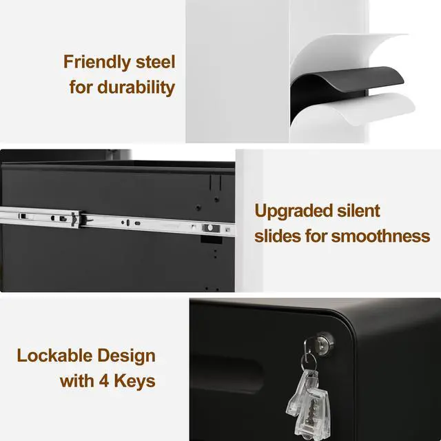 Alt view image 5 of 7 - 2 Drawer Mobile File Cabinet with Lock, 4 Keys and 25 Letter File Folders | Heavy-Duty Steel Rolling Filing Cabinet Pre-Assembled Under Desk for Home Office Letters/Legal/A4 Hanging File Folders