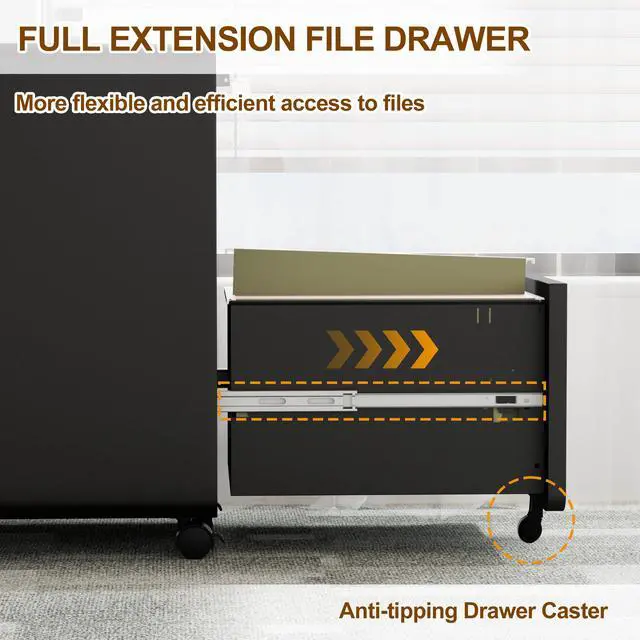 Alt view image 6 of 7 - 2 Drawer Mobile File Cabinet with Lock, 4 Keys and 25 Letter File Folders | Heavy-Duty Steel Rolling Filing Cabinet Pre-Assembled Under Desk for Home Office Letters/Legal/A4 Hanging File Folders