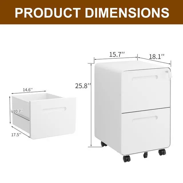 Alt view image 3 of 7 - 2 Drawer Mobile File Cabinet with Lock, 4 Keys and 25 Letter File Folders | Heavy-Duty Steel Rolling Filing Cabinet Pre-Assembled Under Desk for Home Office Letters/Legal/A4 Hanging File Folders