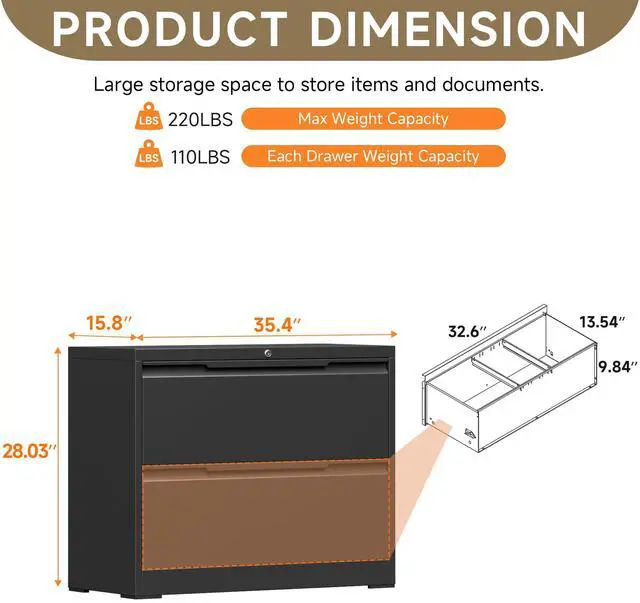 Alt view image 3 of 7 - Metal File Cabinet with Lock, 2 Drawer File Lateral Cabinet | Lockable Lateral Filing Cabinet for A4/F4/Lagel/Letter Assembly Required