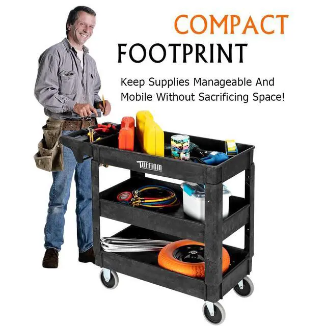 Alt view image 2 of 7 - Plastic Service Utility Cart, Support 550lbs Capacity Ergonomic Handle, Heavy Duty Tub Storage Cart W/Deep Shelves, Multipurpose Rolling 2-Tier Mobile Storage Organizer, for Warehouse Garage