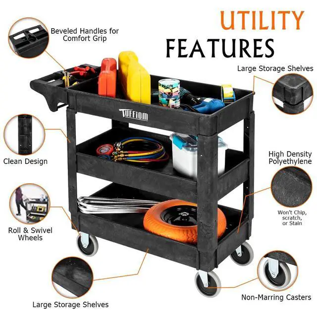 Alt view image 3 of 7 - Plastic Service Utility Cart, Support 550lbs Capacity Ergonomic Handle, Heavy Duty Tub Storage Cart W/Deep Shelves, Multipurpose Rolling 2-Tier Mobile Storage Organizer, for Warehouse Garage