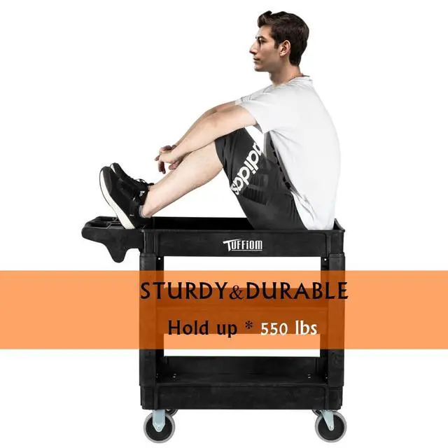 Alt view image 4 of 7 - Plastic Service Utility Cart, Support 550lbs Capacity Ergonomic Handle, Heavy Duty Tub Storage Cart W/Deep Shelves, Multipurpose Rolling 2-Tier Mobile Storage Organizer, for Warehouse Garage