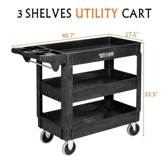 Alt view image 5 of 7 - Plastic Service Utility Cart, Support 550lbs Capacity Ergonomic Handle, Heavy Duty Tub Storage Cart W/Deep Shelves, Multipurpose Rolling 2-Tier Mobile Storage Organizer, for Warehouse Garage
